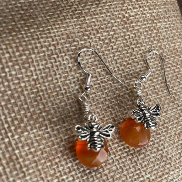Carnelian Crystal Bee Earrings • Boho Artisan Cottagecore Jewelry - Picture 13 of 17